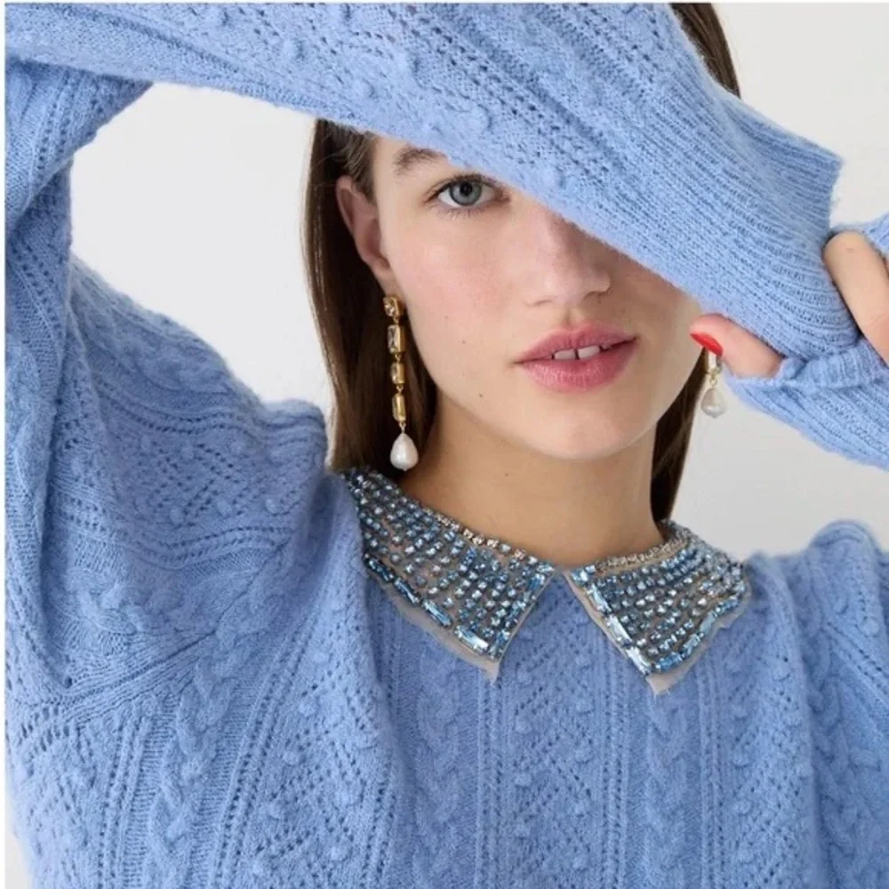 J.Crew Pointelle Cable-Knit Crewneck Sweater with Beaded Collar NWT Size M